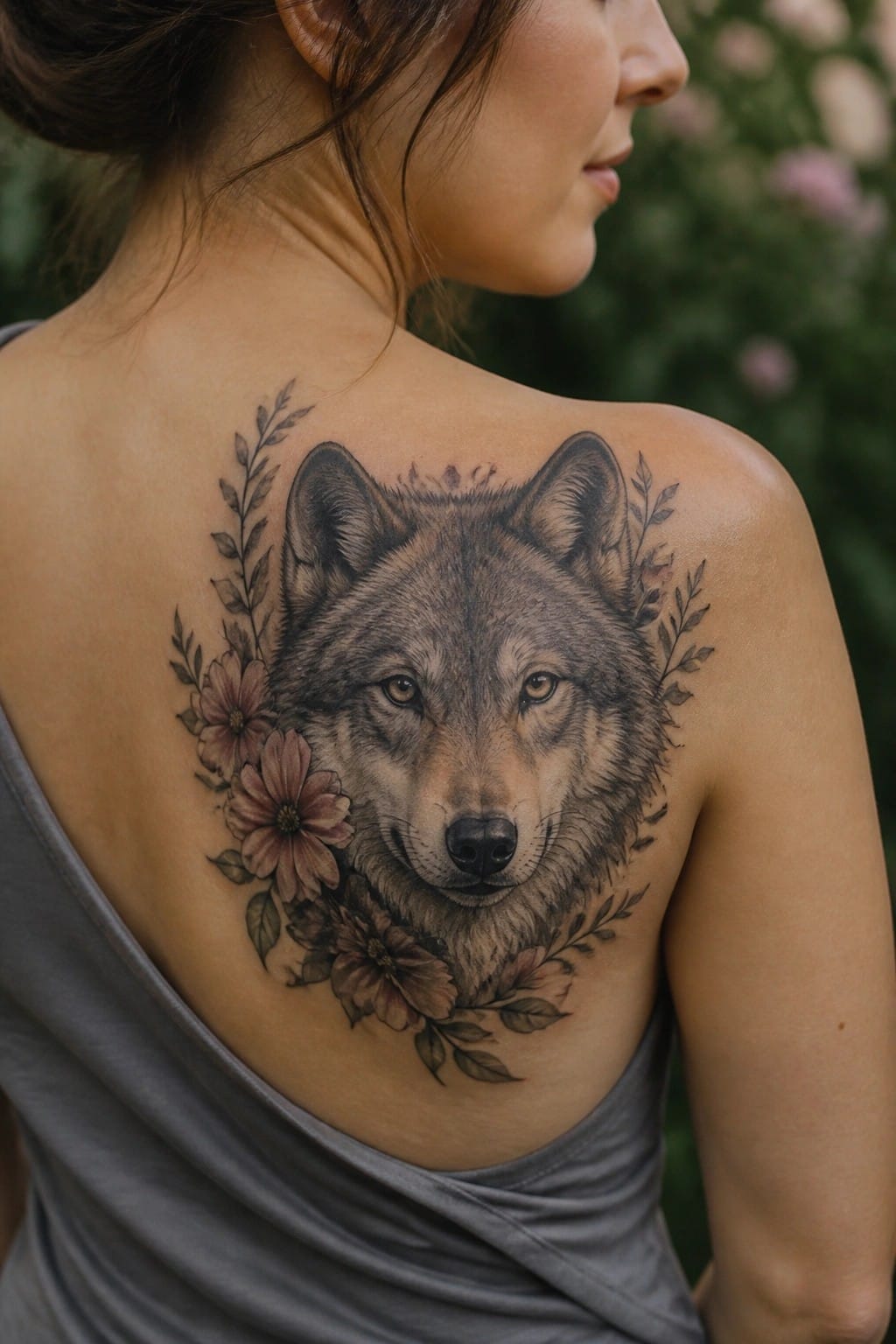 Woman's back with realistic wolf tattoo framed by pink flowers and leaves