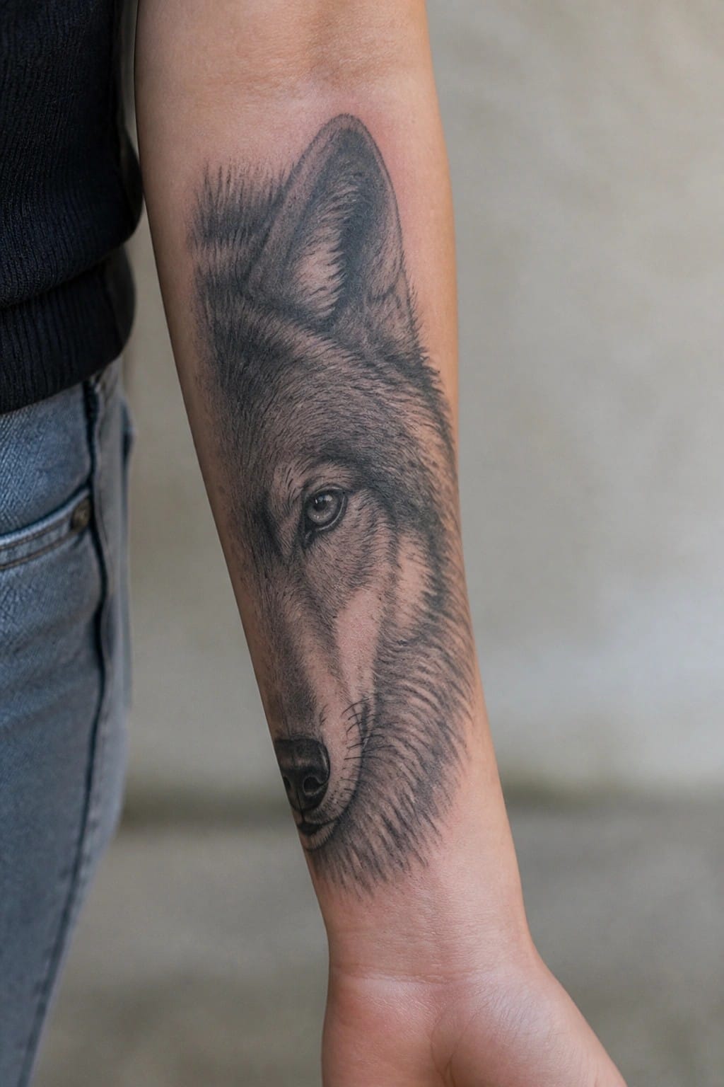 Black and grey realistic wolf head tattoo on the inner forearm showing detailed fur shading and side profile view