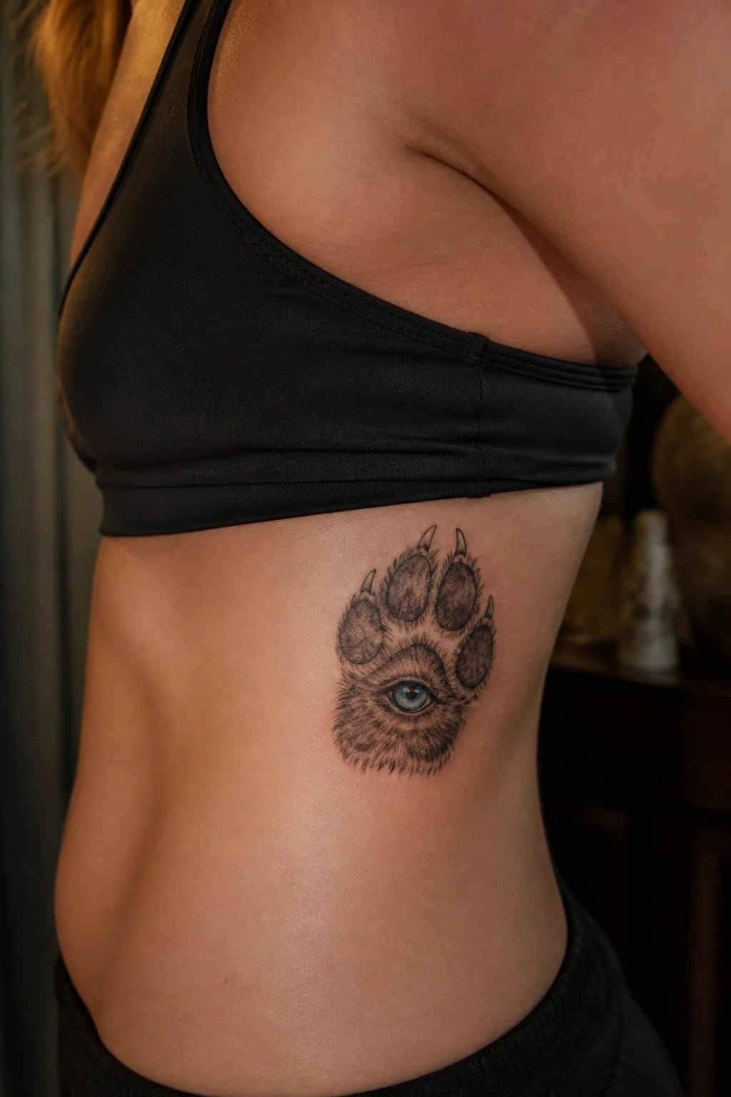 Woman's side torso in black sports bra with bear paw eye tattoo on ribs