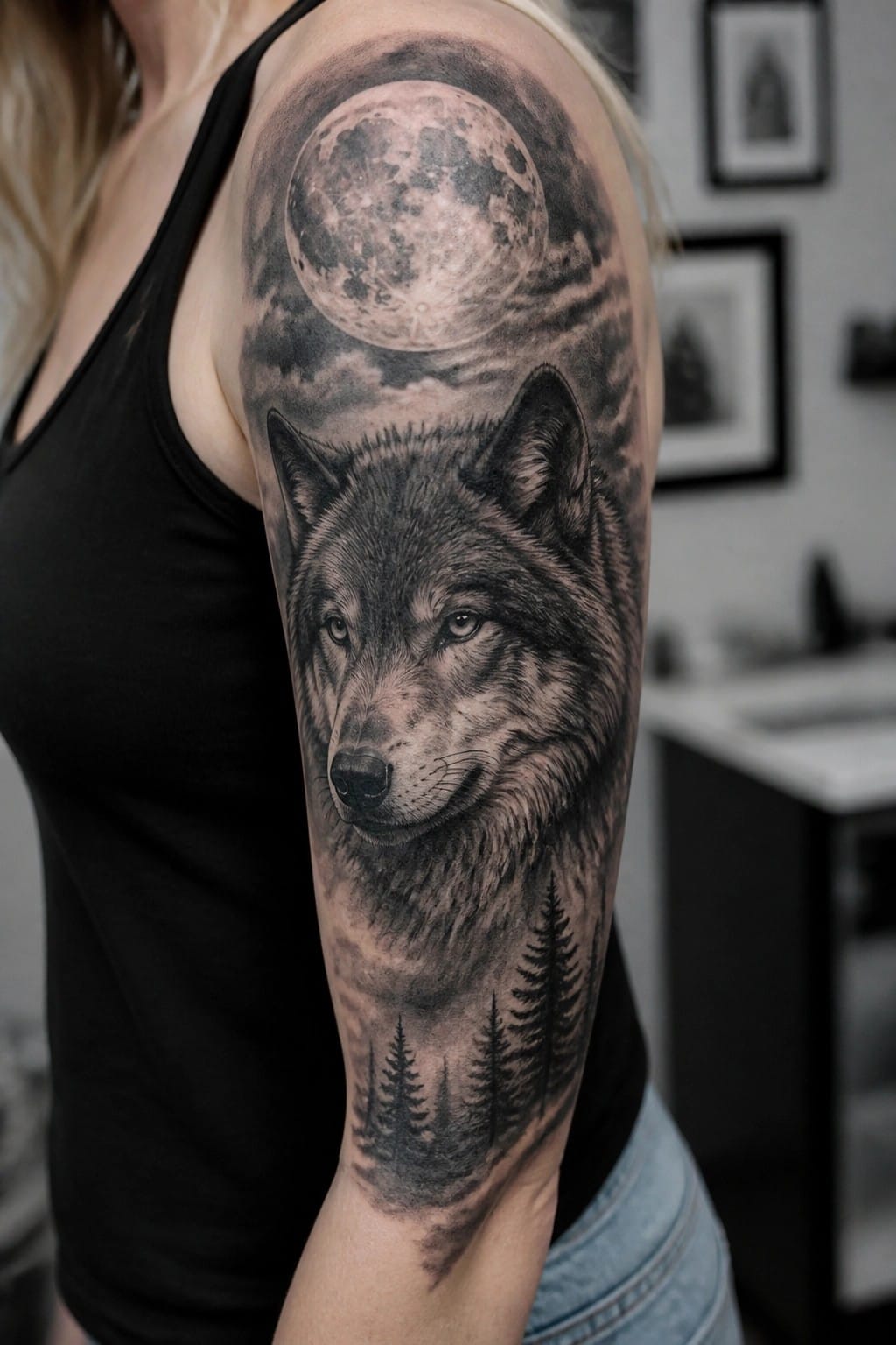 Realistic black-and-gray tattoo of wolf, full moon, and pines on woman's arm