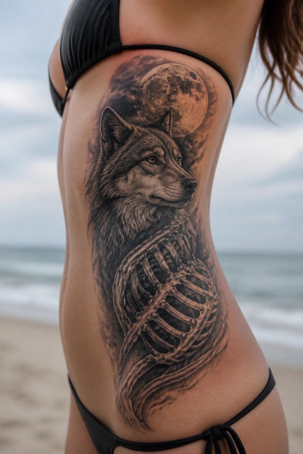 Realistic black and gray wolf tattoo on a woman's side torso featuring the head above skeletal rib bones with a full moon in the background