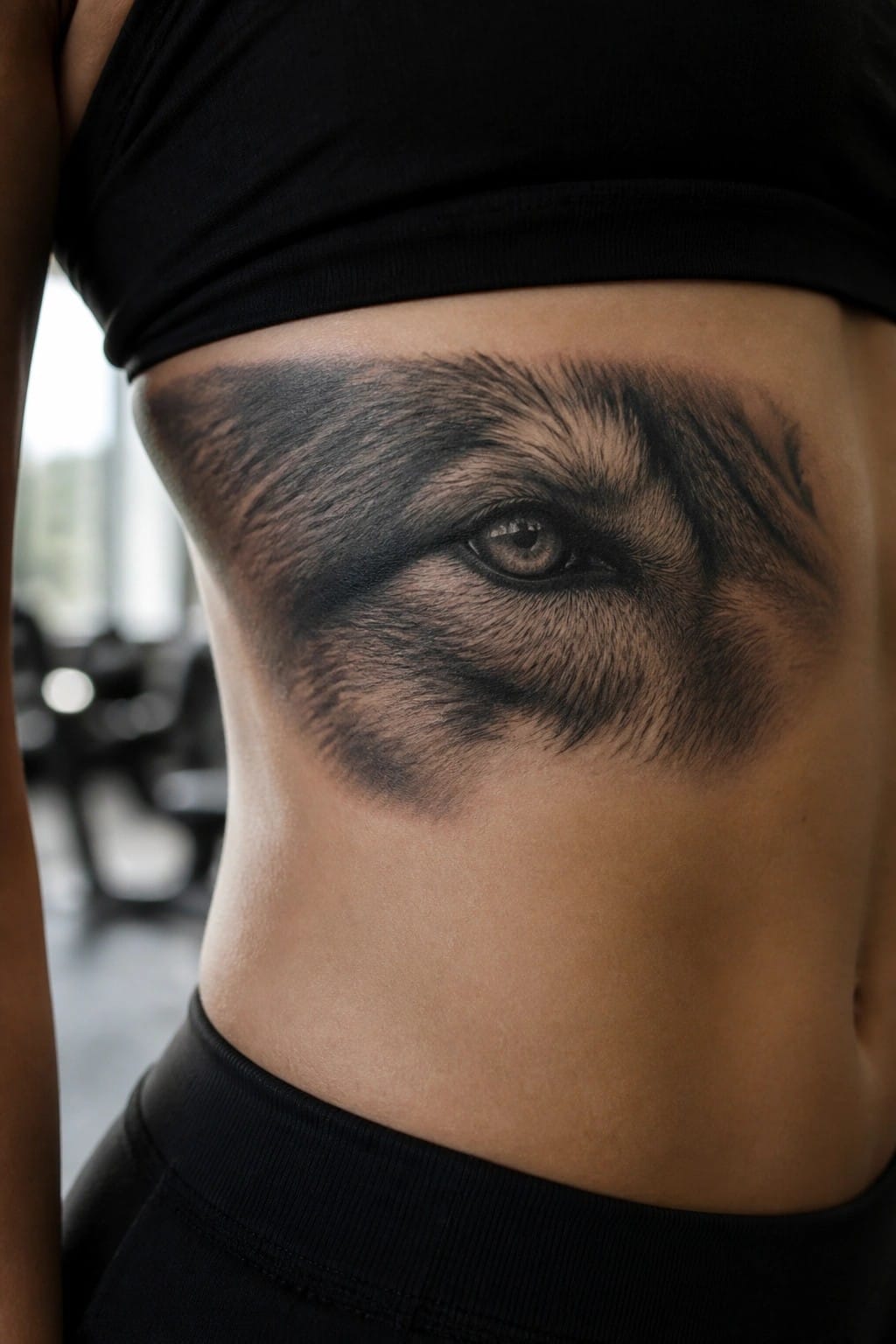 Detailed black and gray wolf eye tattoo on side under black crop top
