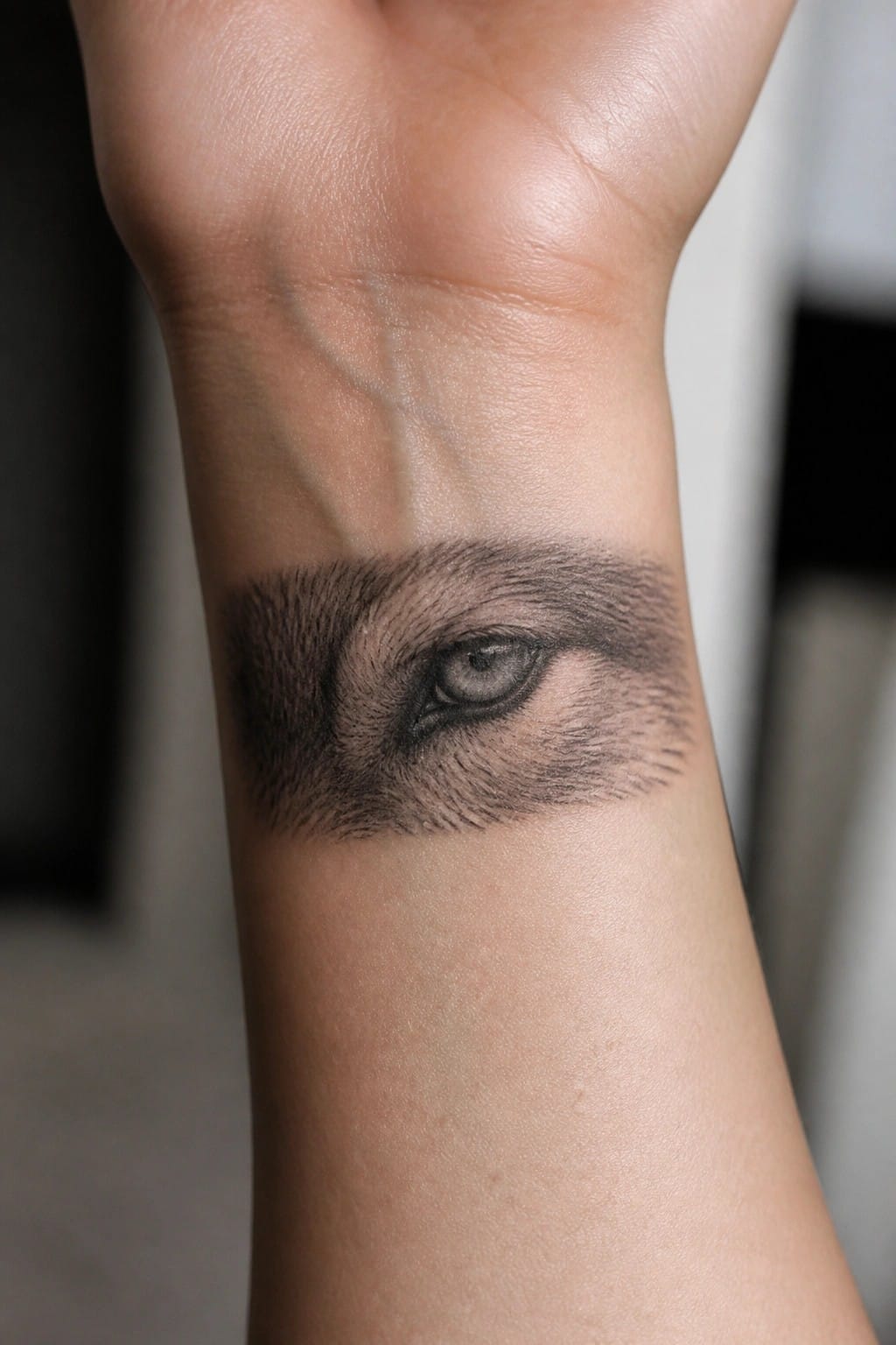 Realistic black and grey wolf eye tattoo on the inner wrist with detailed fur and shading