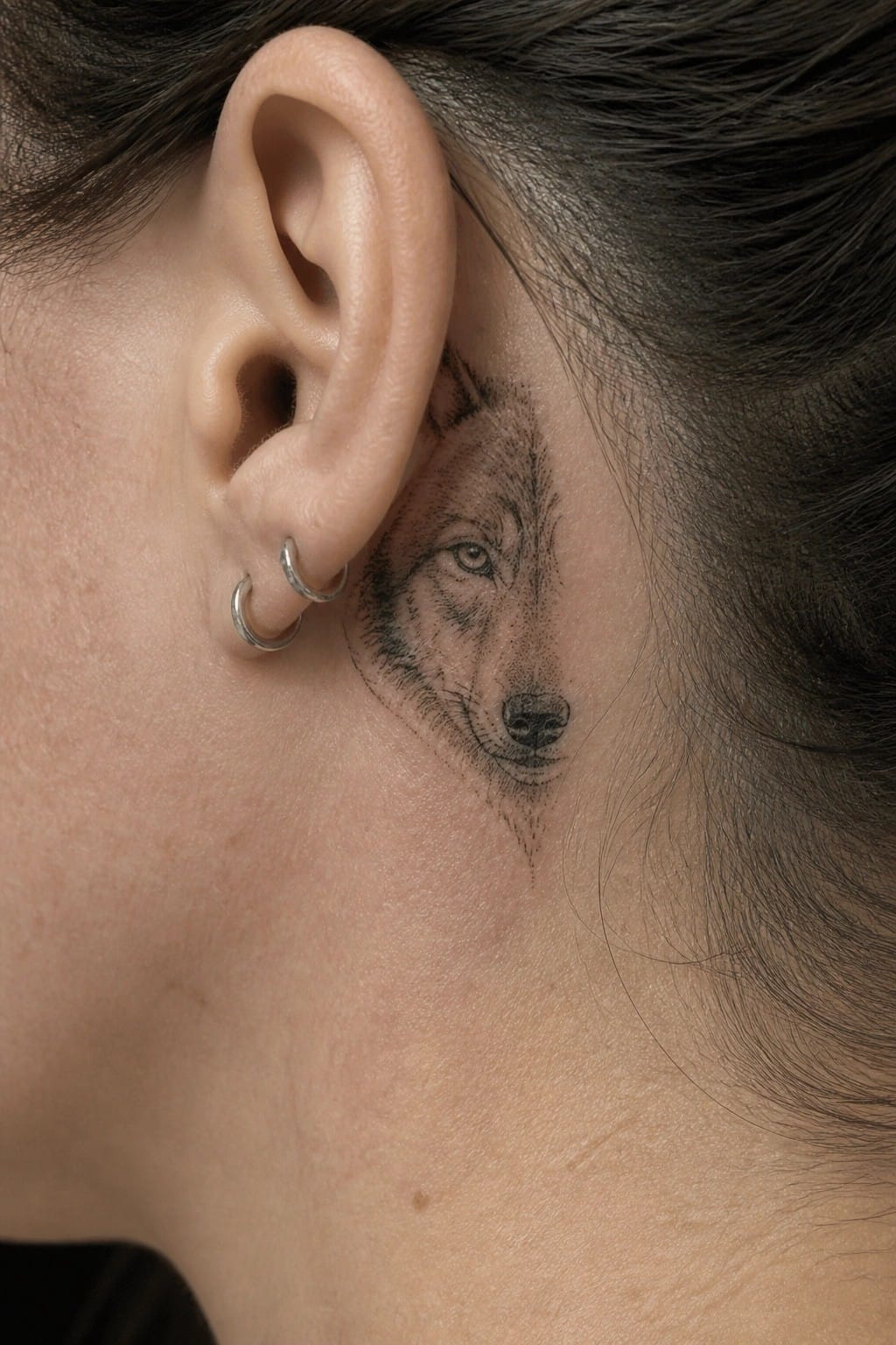 Realistic black and grey wolf tattoo placed behind a woman's ear showing the face with fine fur details.