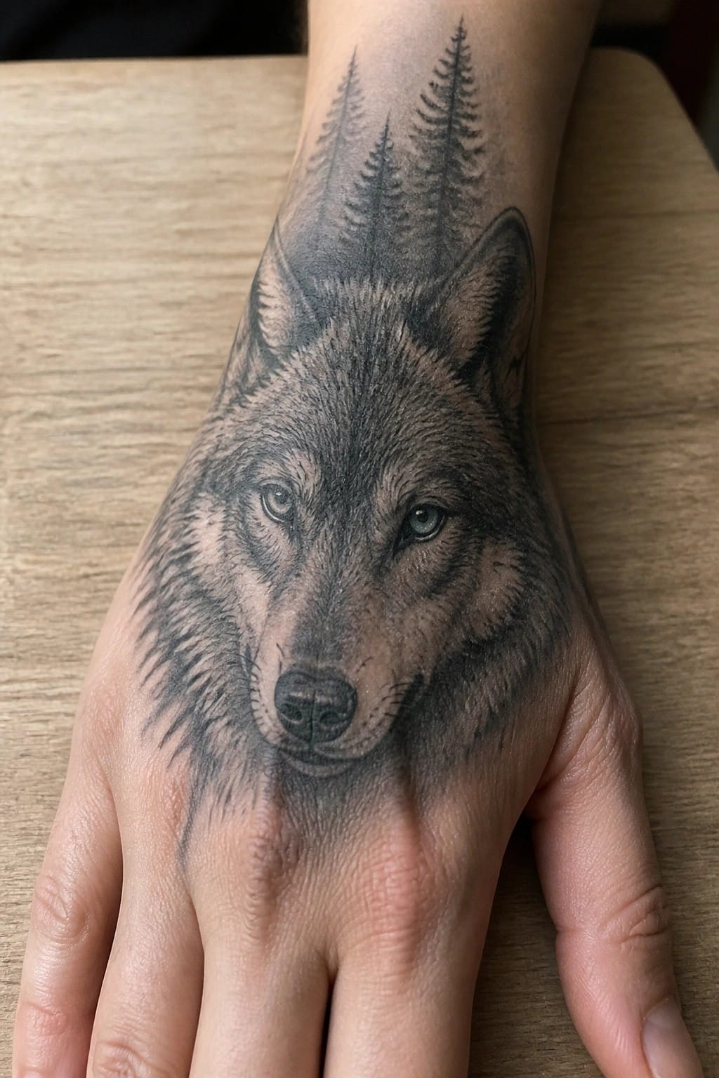 Realistic black and gray wolf tattoo on hand with pine trees on wrist