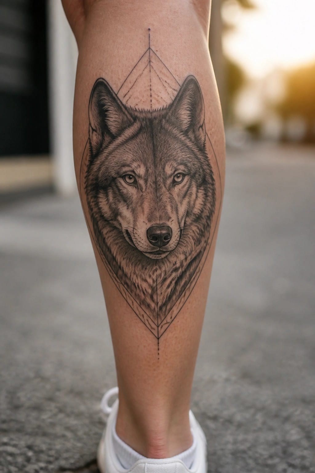 Realistic wolf head tattoo on leg with geometric diamond lines and white sneakers.