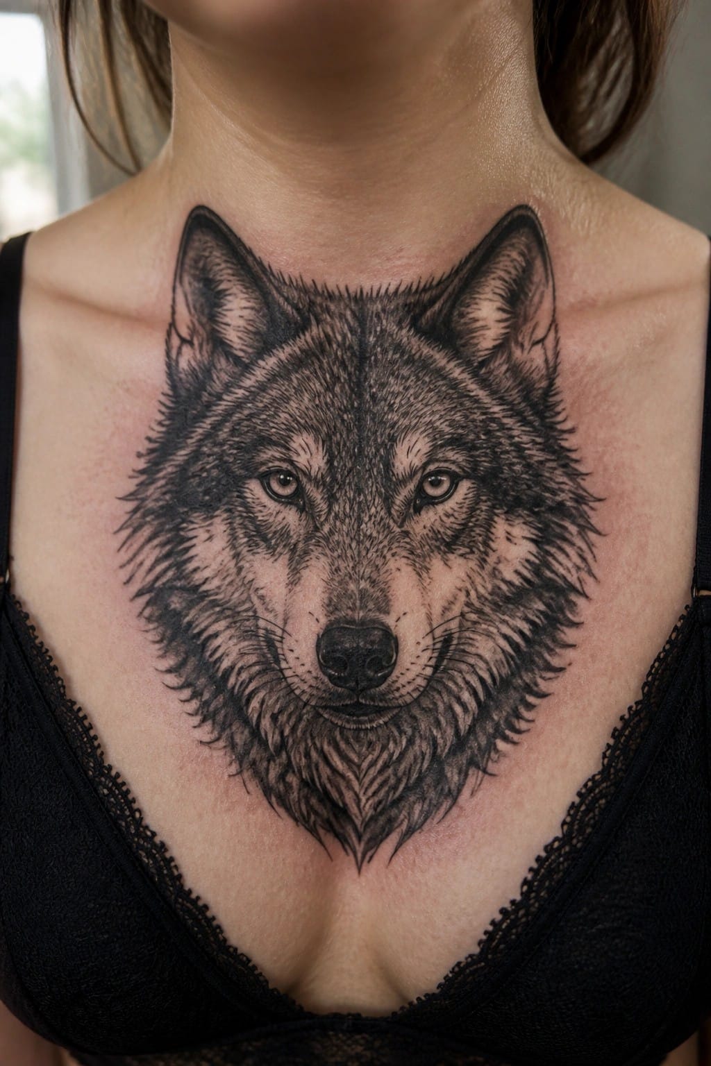 Detailed black-and-gray wolf tattoo centered on chest above black lace bra