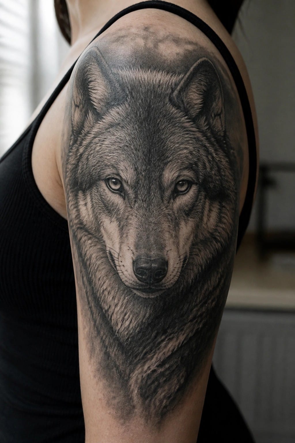 Realistic black and gray wolf head tattoo on a woman's upper arm and shoulder with detailed fur and forward facing eyes