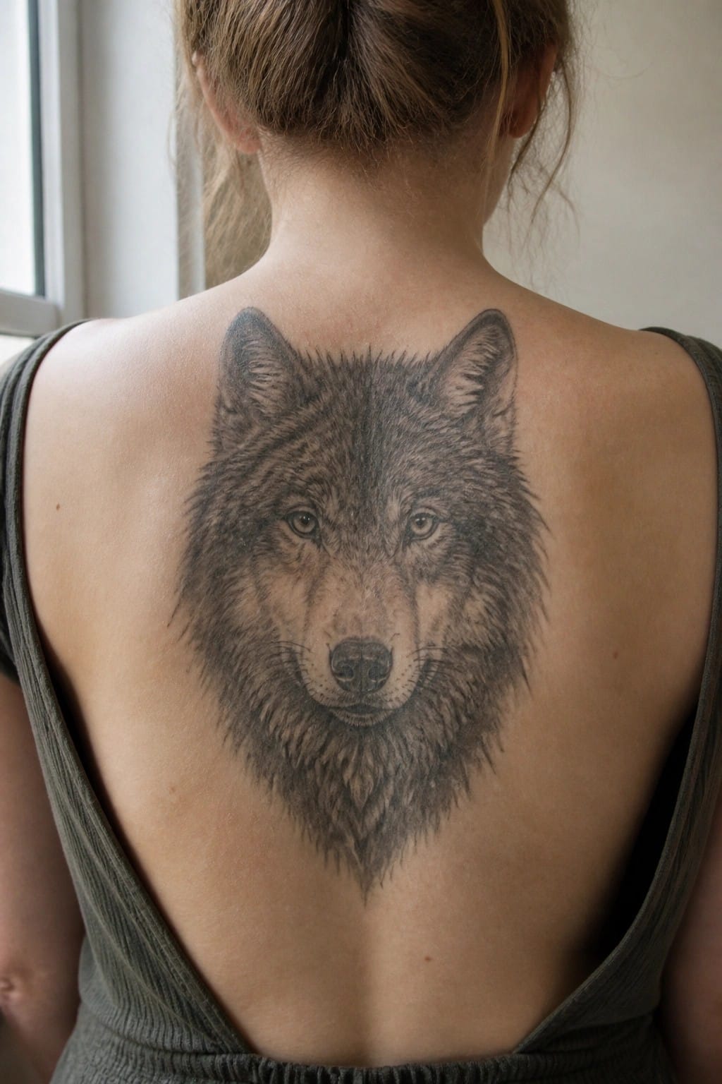 Realistic black and gray wolf head tattoo centered on a woman's upper back with detailed fur texture