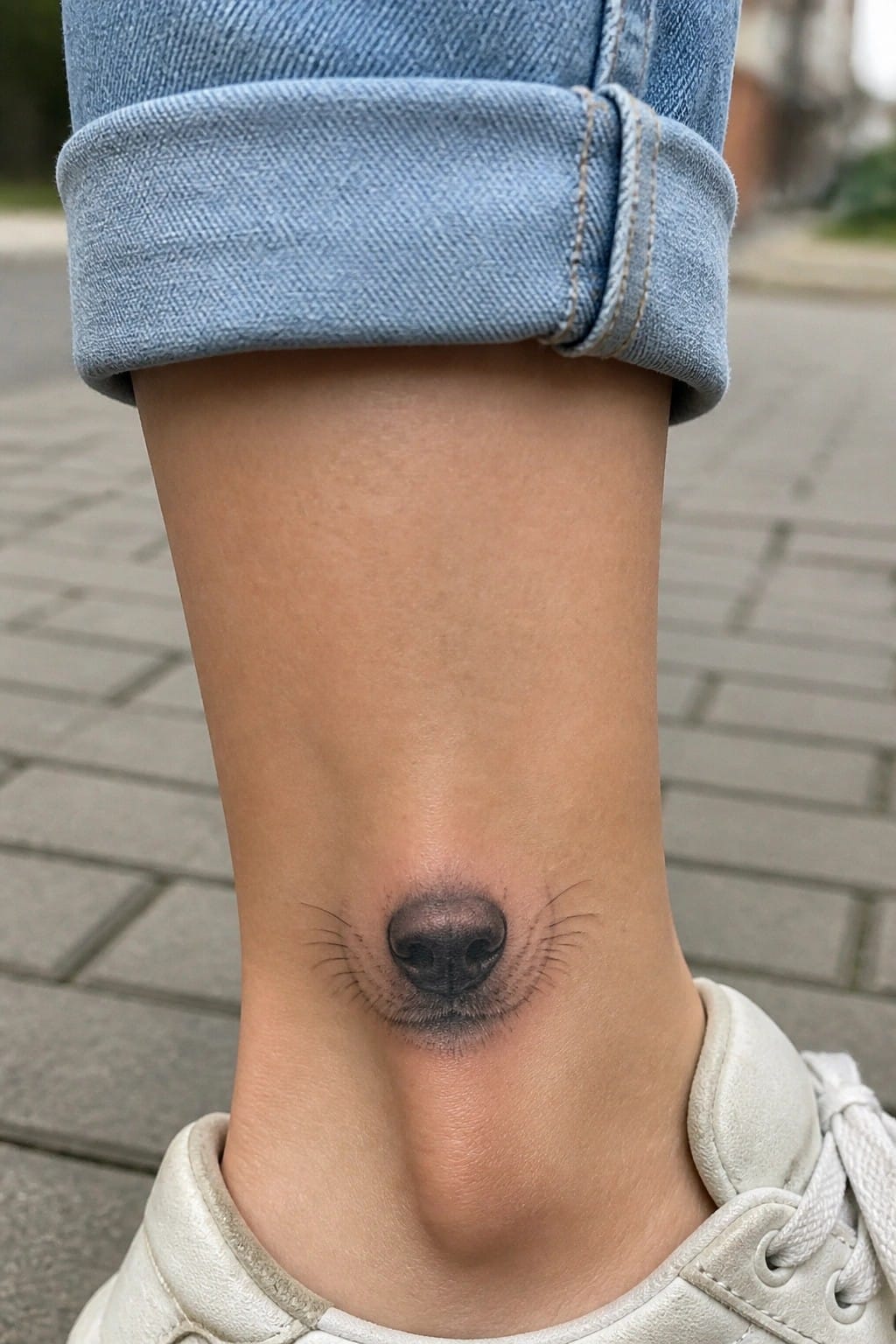 Small realistic wolf nose tattoo with whiskers in black and gray shading on the inner ankle.
