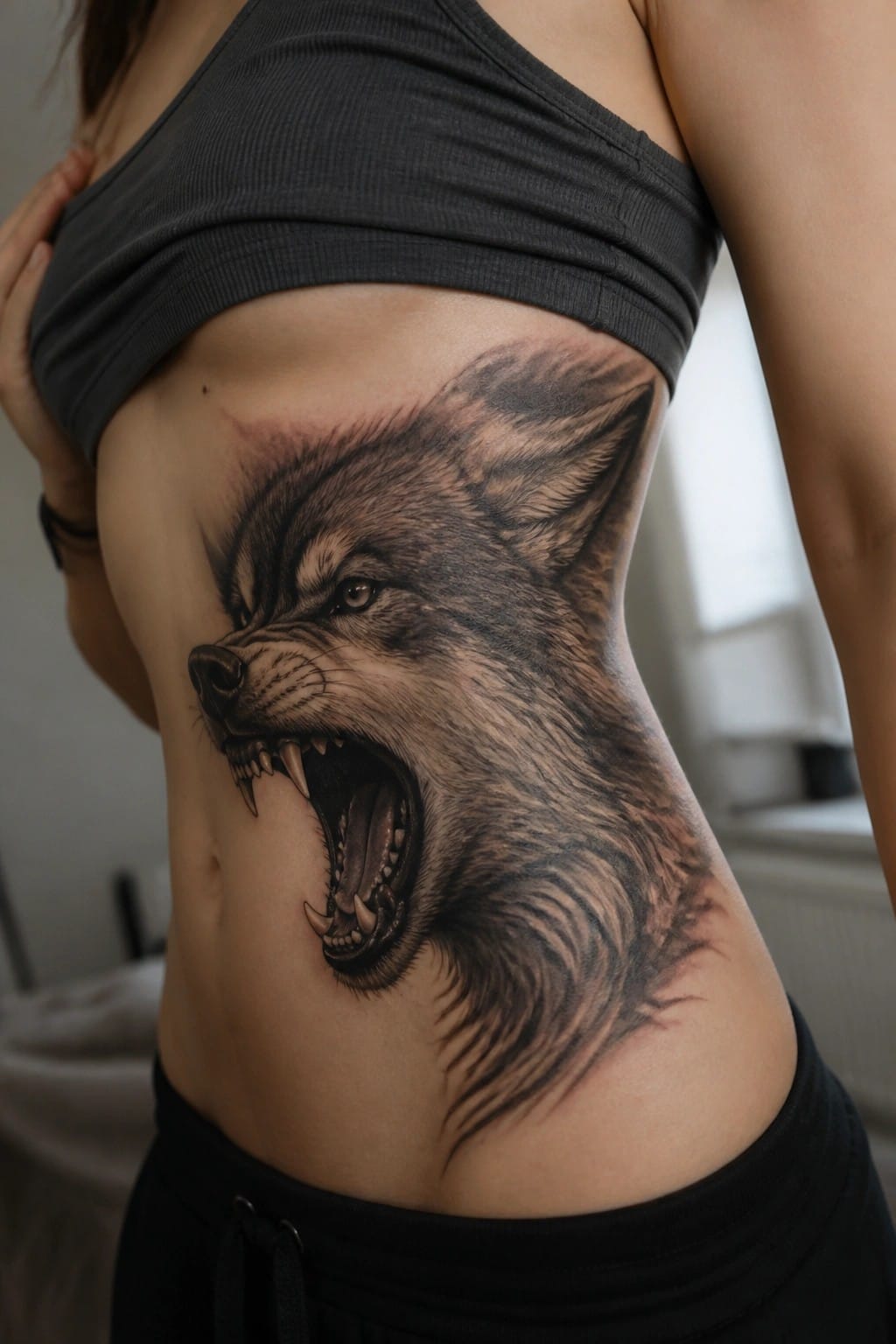 Realistic black and gray wolf tattoo on a woman's side torso with mouth open and detailed fur.