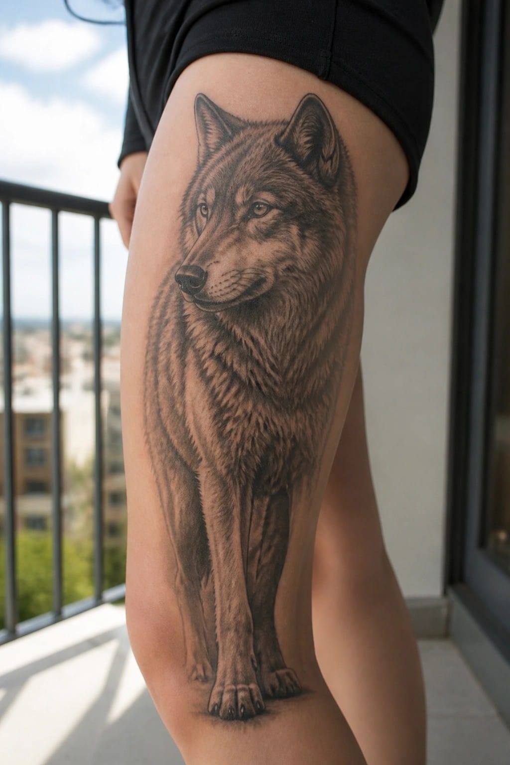 Realistic black and gray wolf tattoo on the thigh showing full body and detailed fur shading
