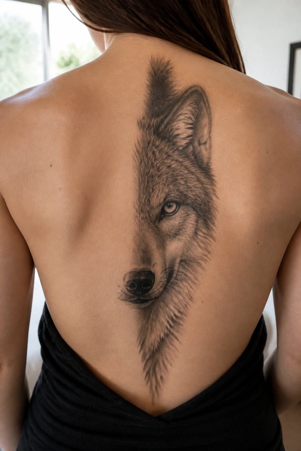 Realistic wolf tattoo covering a woman's upper back above black top.