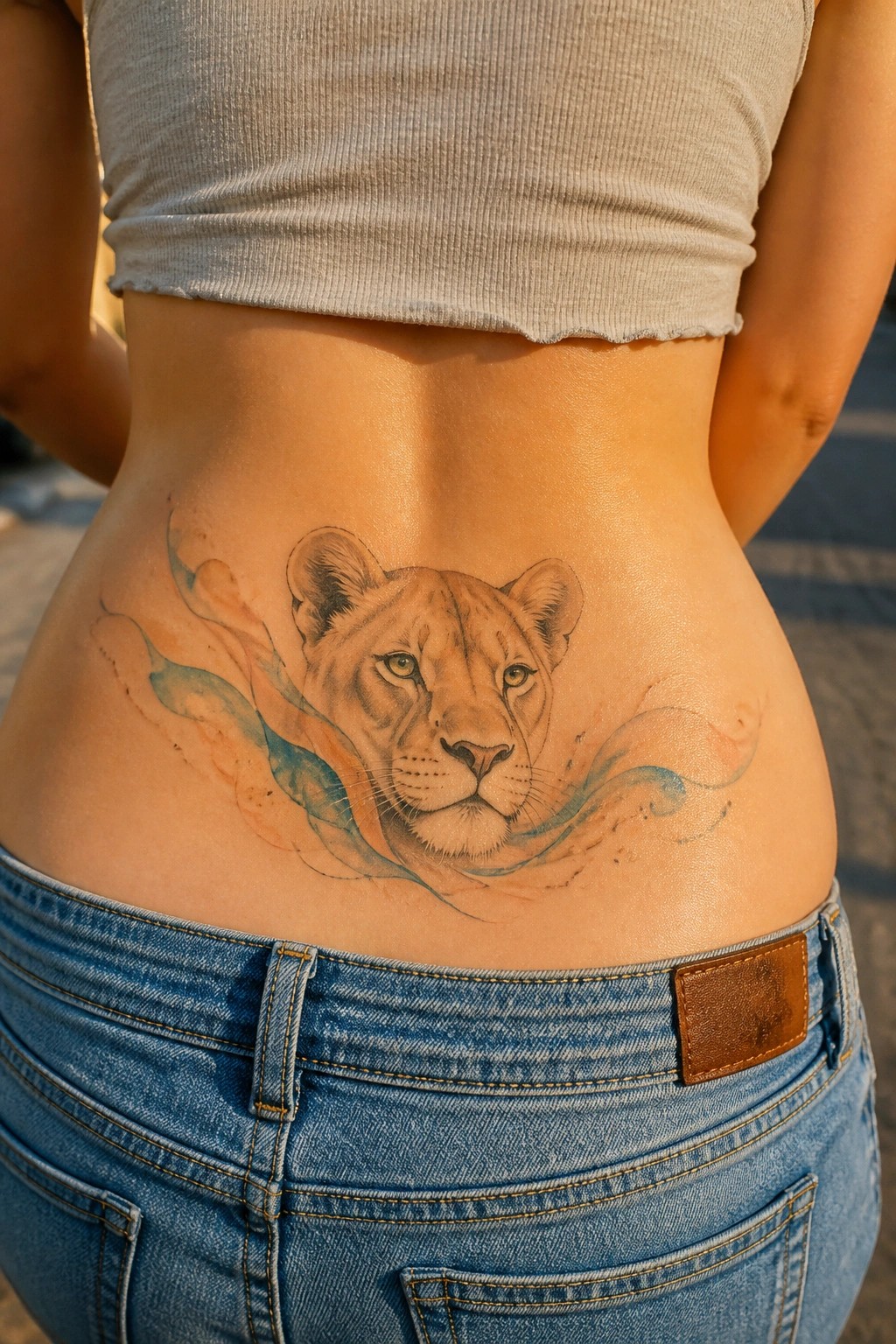 Lioness face tattoo on lower back with blue-orange watercolor swirls above blue jeans
