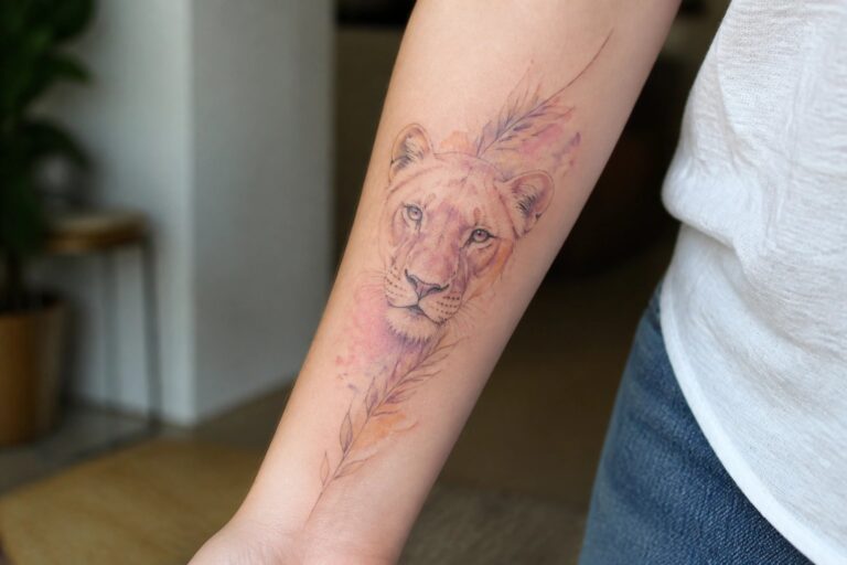 18 Romantic Watercolor Lioness Tattoo Ideas for Women Using Soft Color and Feminine Flow Watercolor lioness tattoo on forearm with pink purple splashes and drips