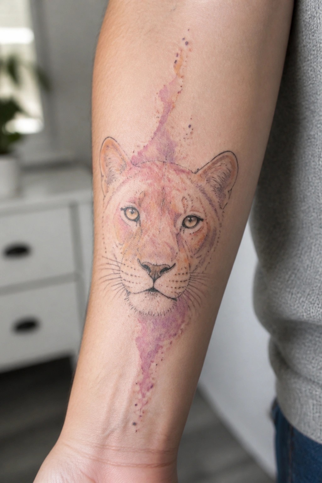 Watercolor lioness tattoo on forearm with pink purple splashes and drips