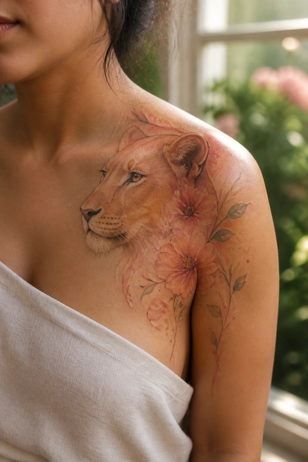 Woman's shoulder with watercolor lioness tattoo and orange flowers, white fabric draped.