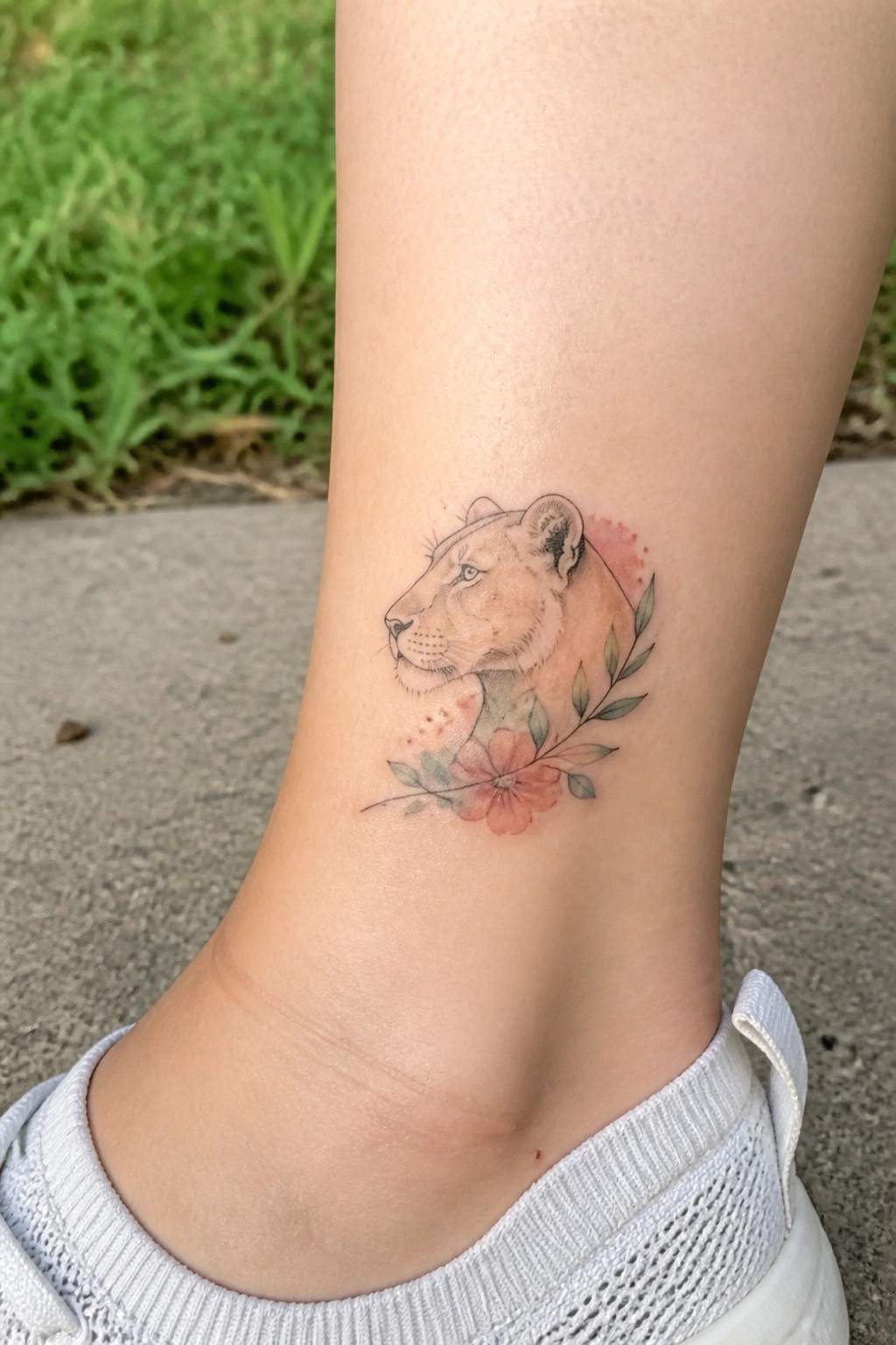 Watercolor lioness tattoo with pink flowers on ankle above white sneaker