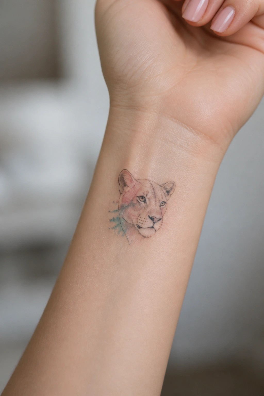 Small watercolor lioness tattoo on the inner wrist with soft pink and blue tones