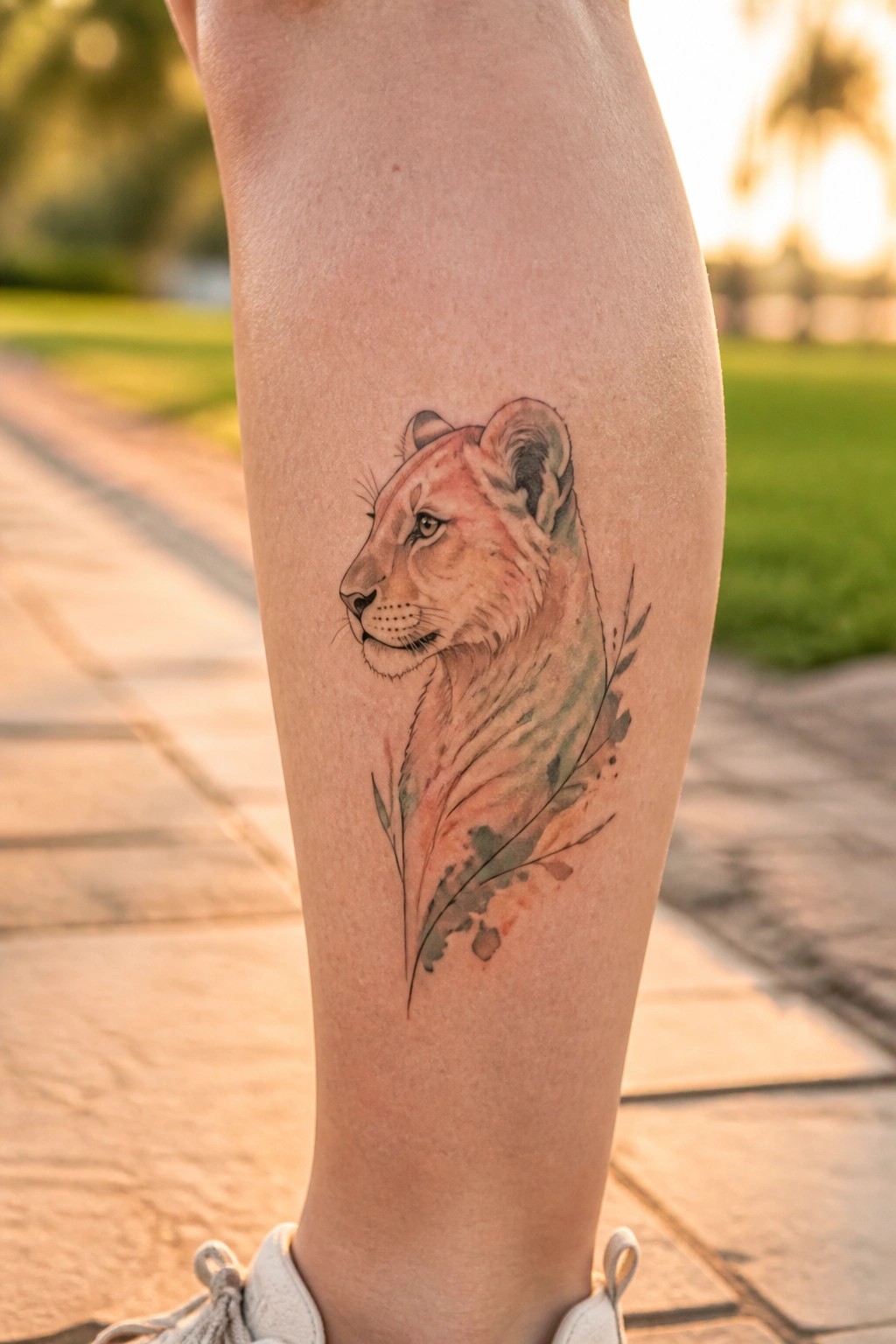 Watercolor lioness tattoo with leaves on a person's lower leg at sunset.