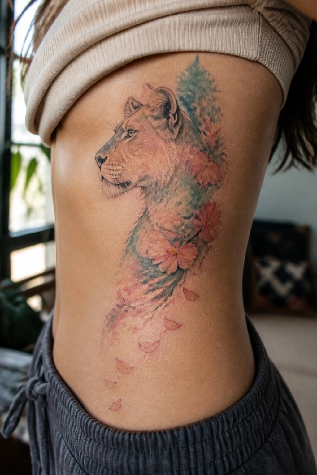 Watercolor lioness tattoo with pink flowers on person's side under beige top