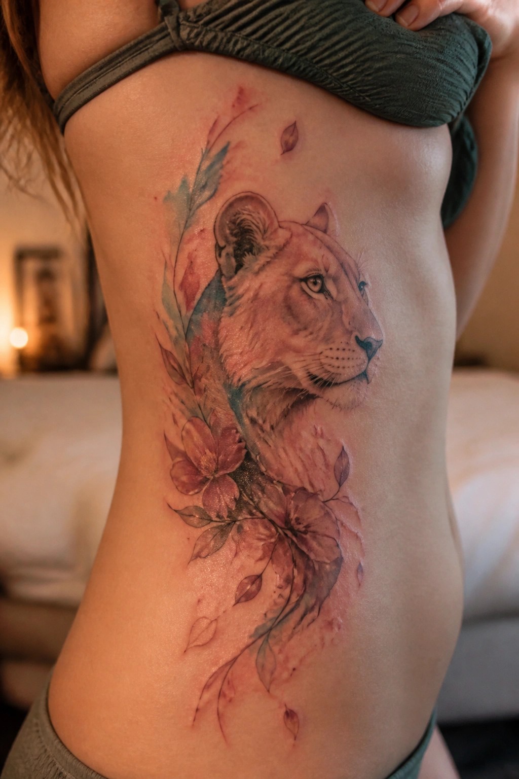Woman's side torso with large watercolor lioness and floral tattoo in red tones