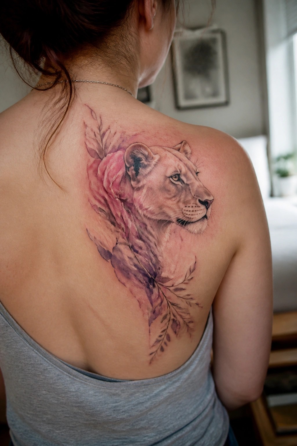 Woman's upper back with fresh lioness tattoo amid pink-purple flowers and leaves