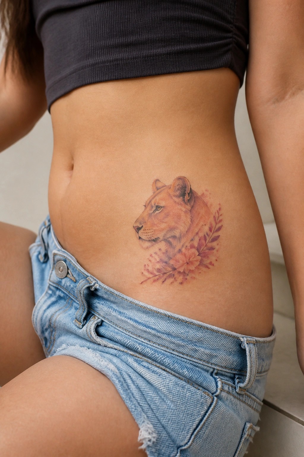 Lioness and flower tattoo on hip beside denim shorts and crop top