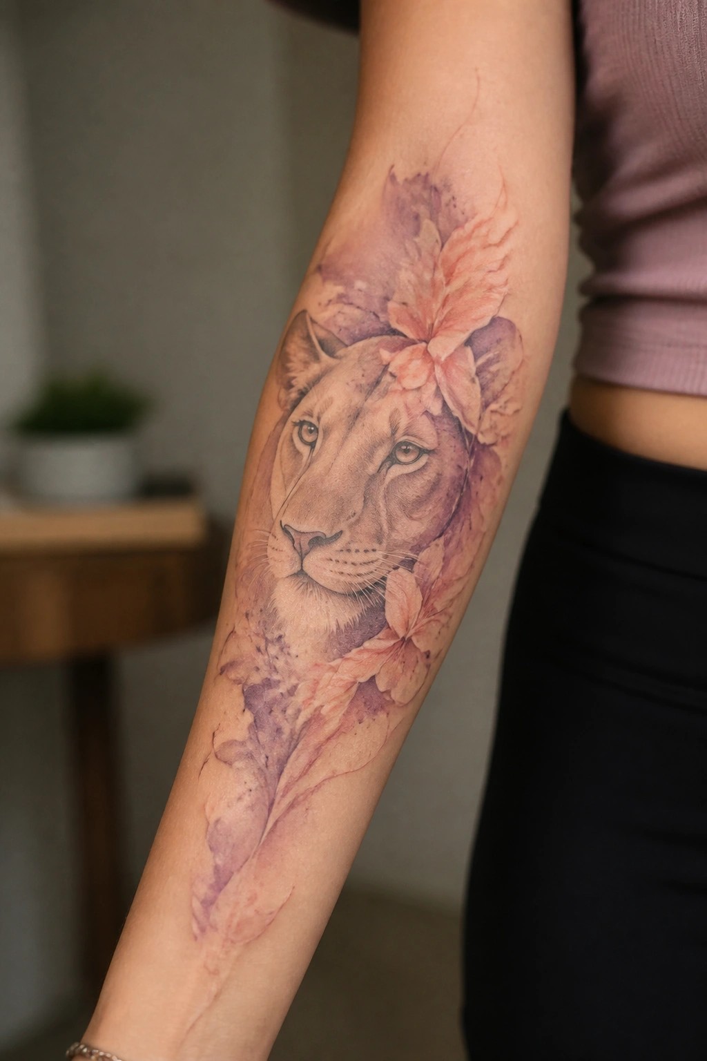 Watercolor lioness tattoo with pink flowers on a woman's forearm