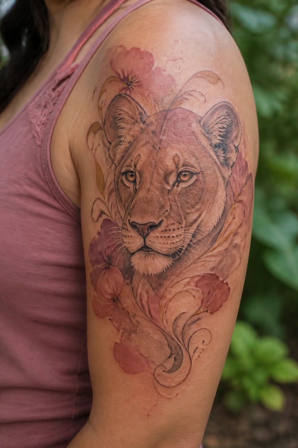 Watercolor lioness tattoo with pink flowers on shoulder above pink tank top.