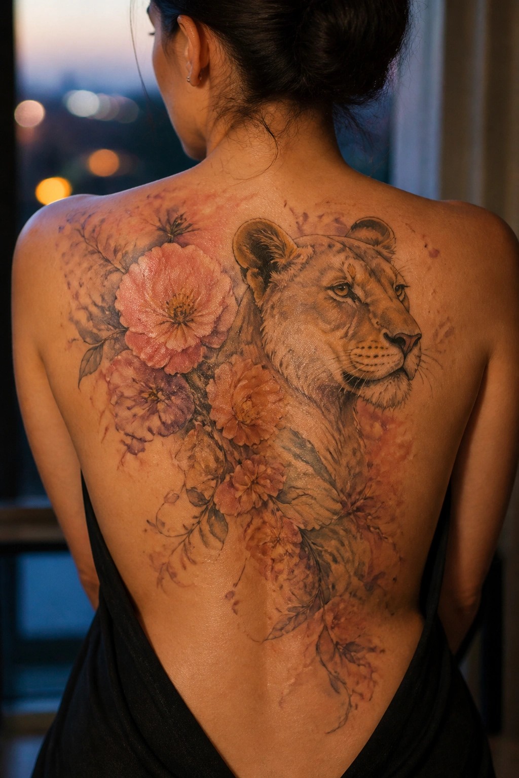 Woman seen from behind with a large watercolor lioness tattoo surrounded by soft pink and orange flowers across her upper and middle back.