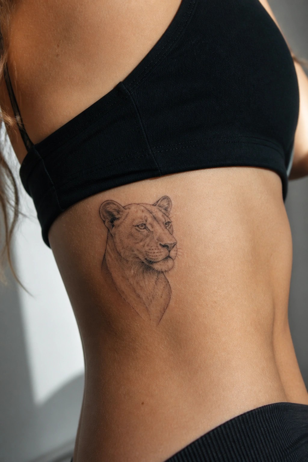 Fine line lioness head tattoo placed on the ribs below the bra line in a realistic profile view.