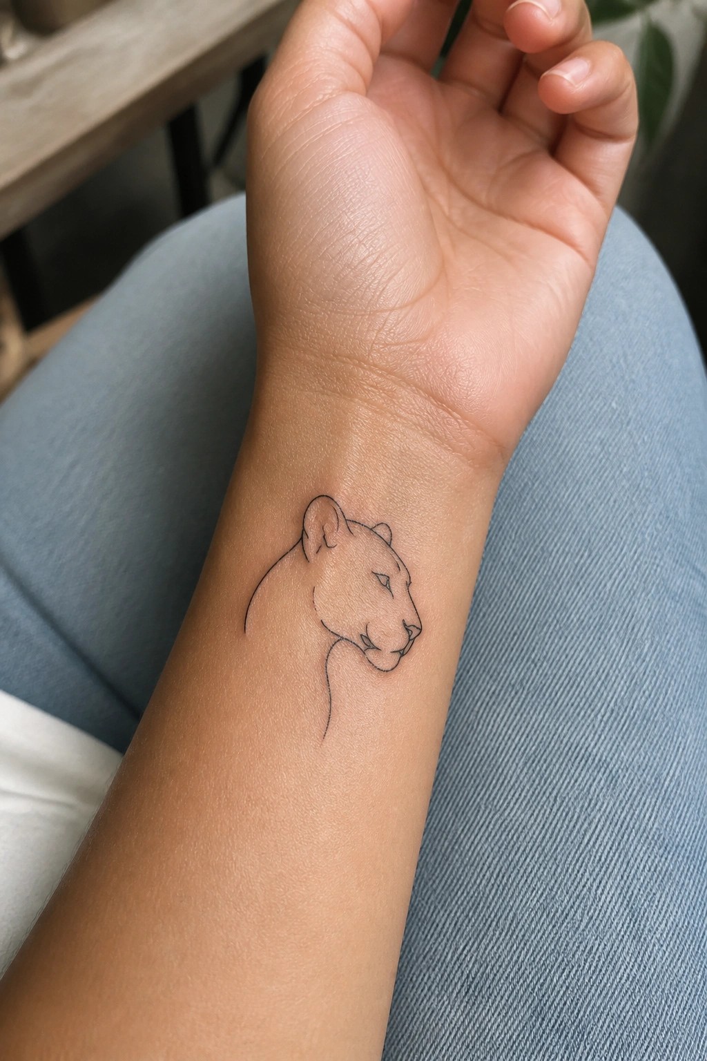 Minimalist black line tattoo of a lioness on wrist over blue denim jeans.