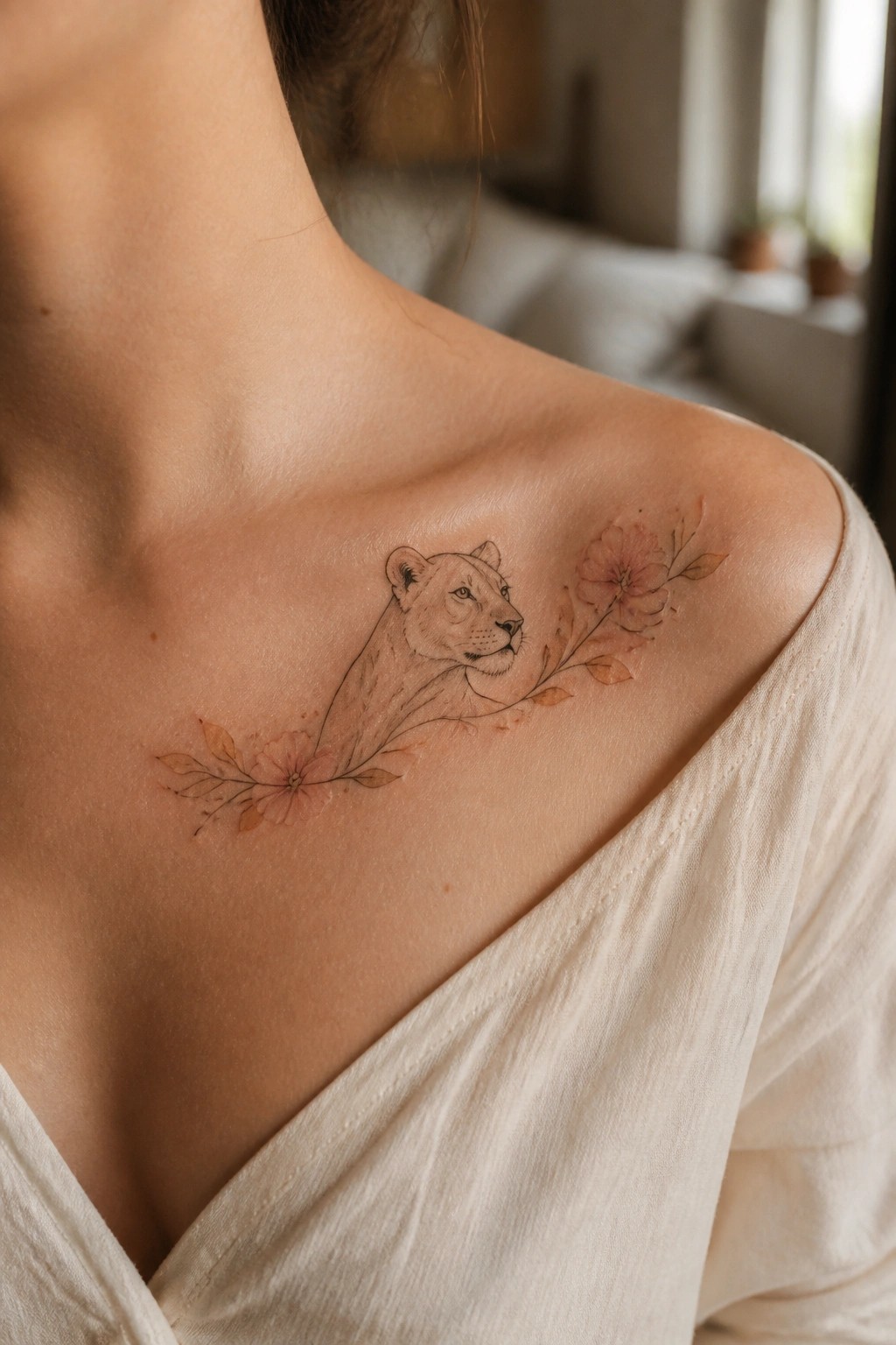 Woman's shoulder with watercolor lioness tattoo and pink flowers on white top