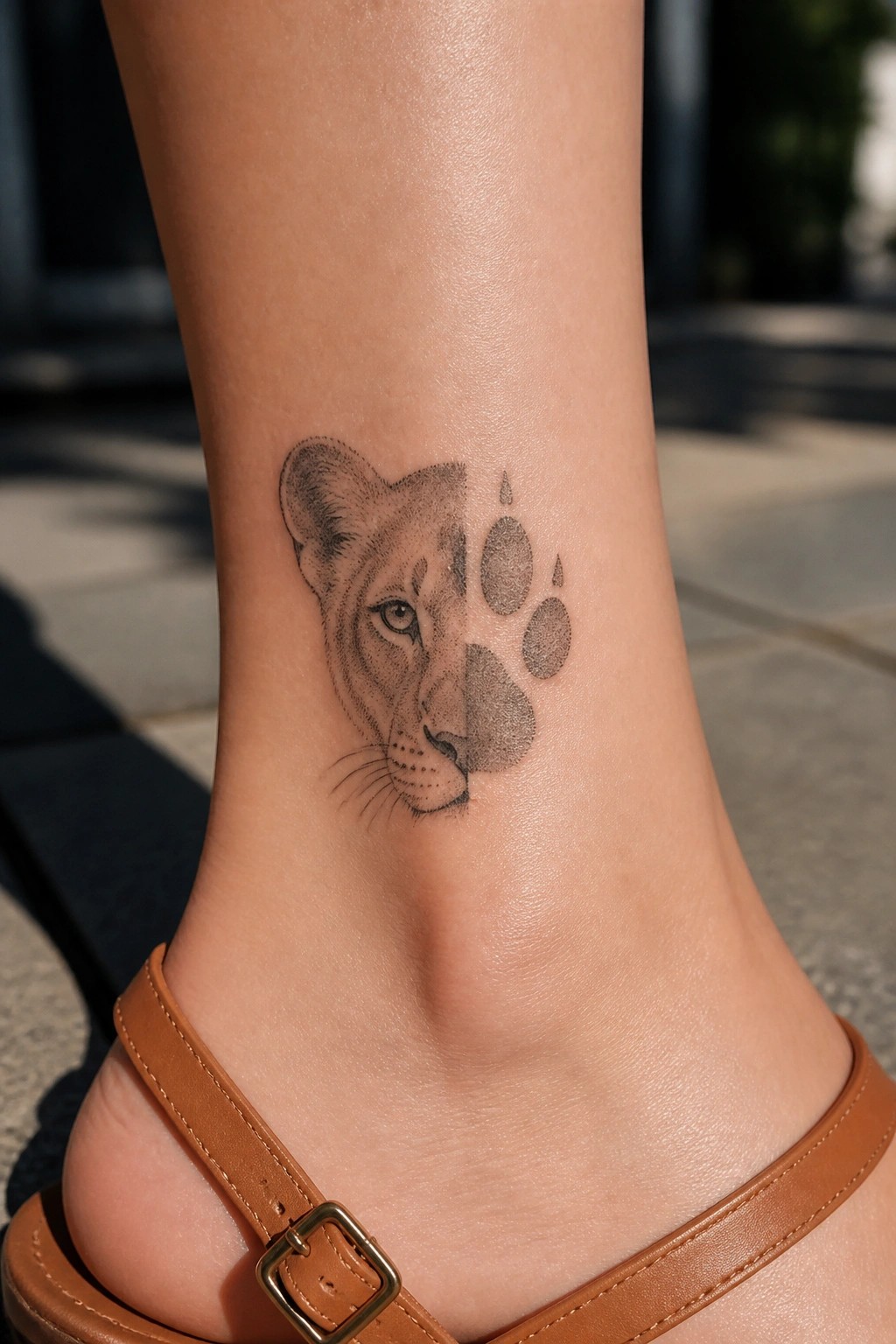 Lioness face blending into paw print tattoo on ankle above brown sandal