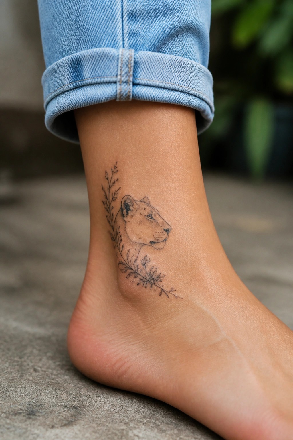 Rolled blue jeans cuff above lioness and floral tattoo on bare ankle