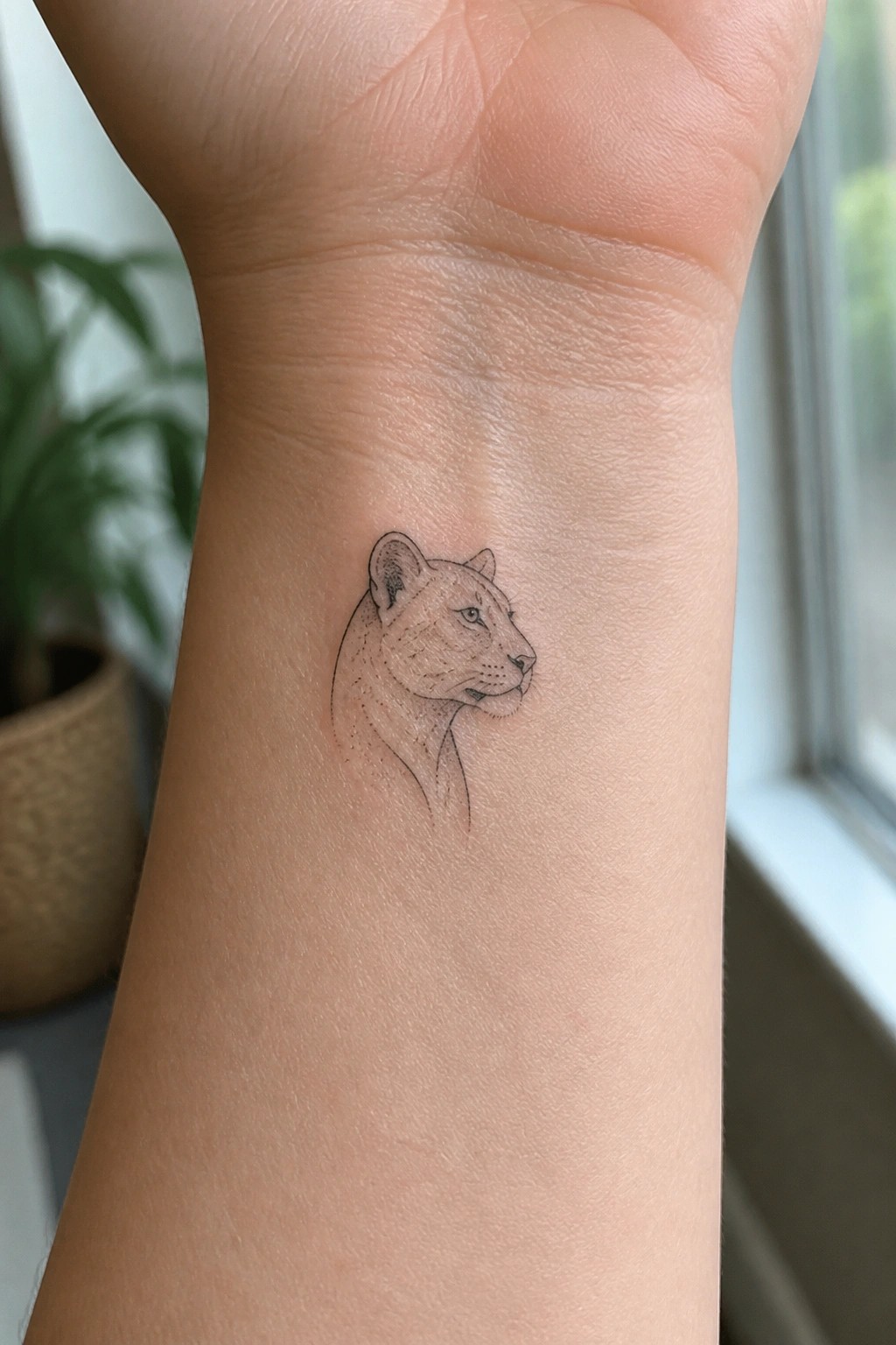 Fine line black ink lioness head tattoo on fair-skinned wrist