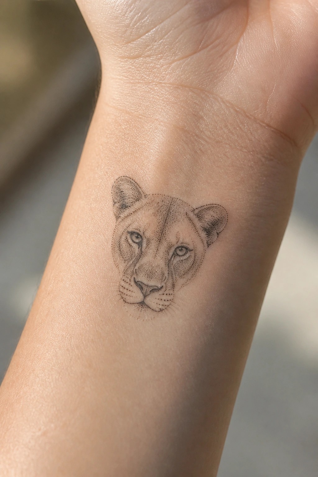 Black dotwork tattoo of a lioness face on a wrist.