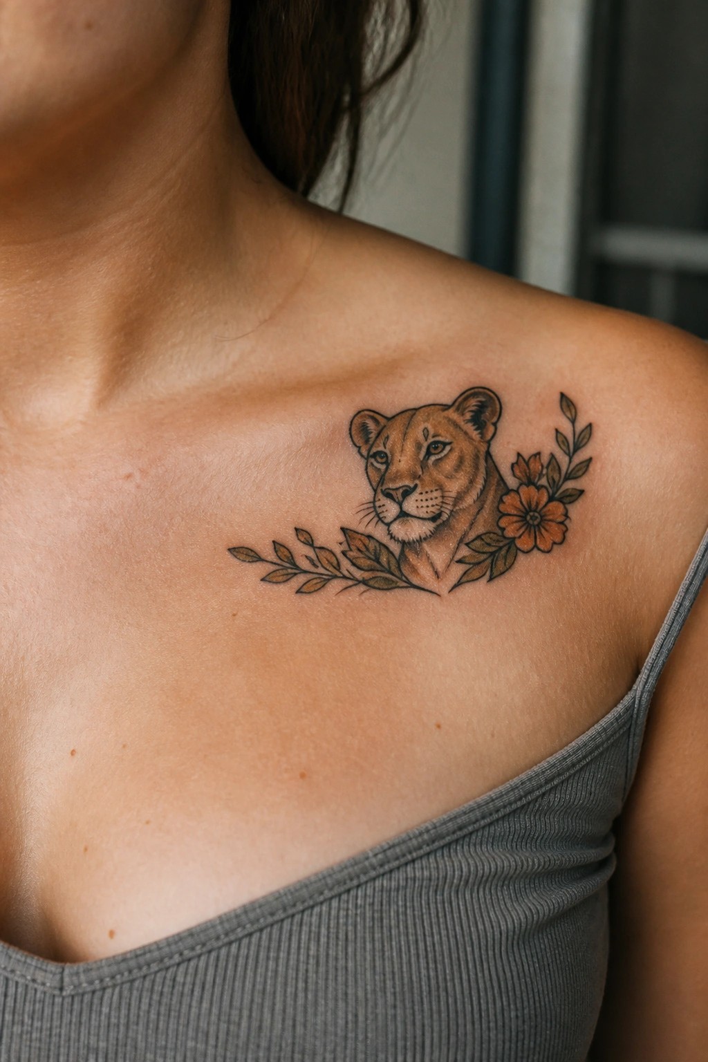 Lioness head tattoo with orange flowers and leaves above gray tank top