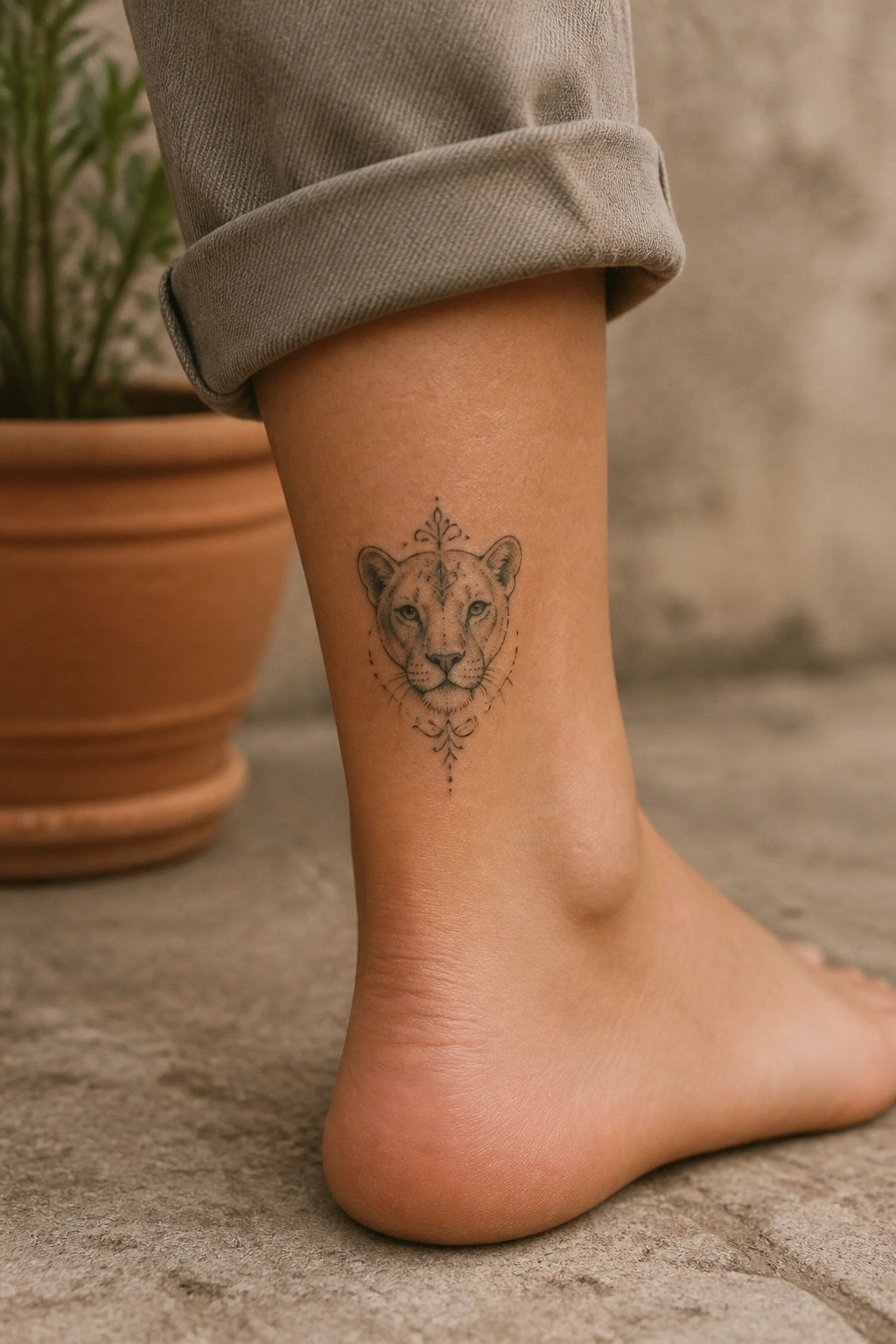 Lioness tattoo on ankle below rolled khaki pants near terracotta plant pot.
