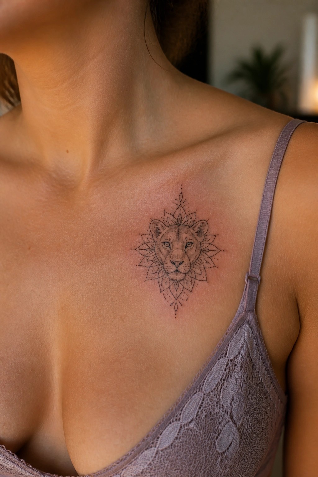 Small fine line lioness tattoo with mandala details placed on the collarbone of a woman wearing a lavender lace bra.