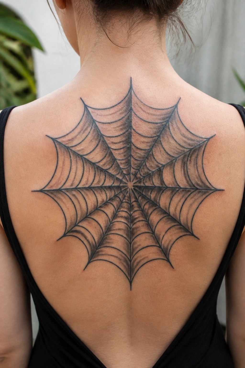 Large black spiderweb tattoo centered on person's upper and middle back in black top