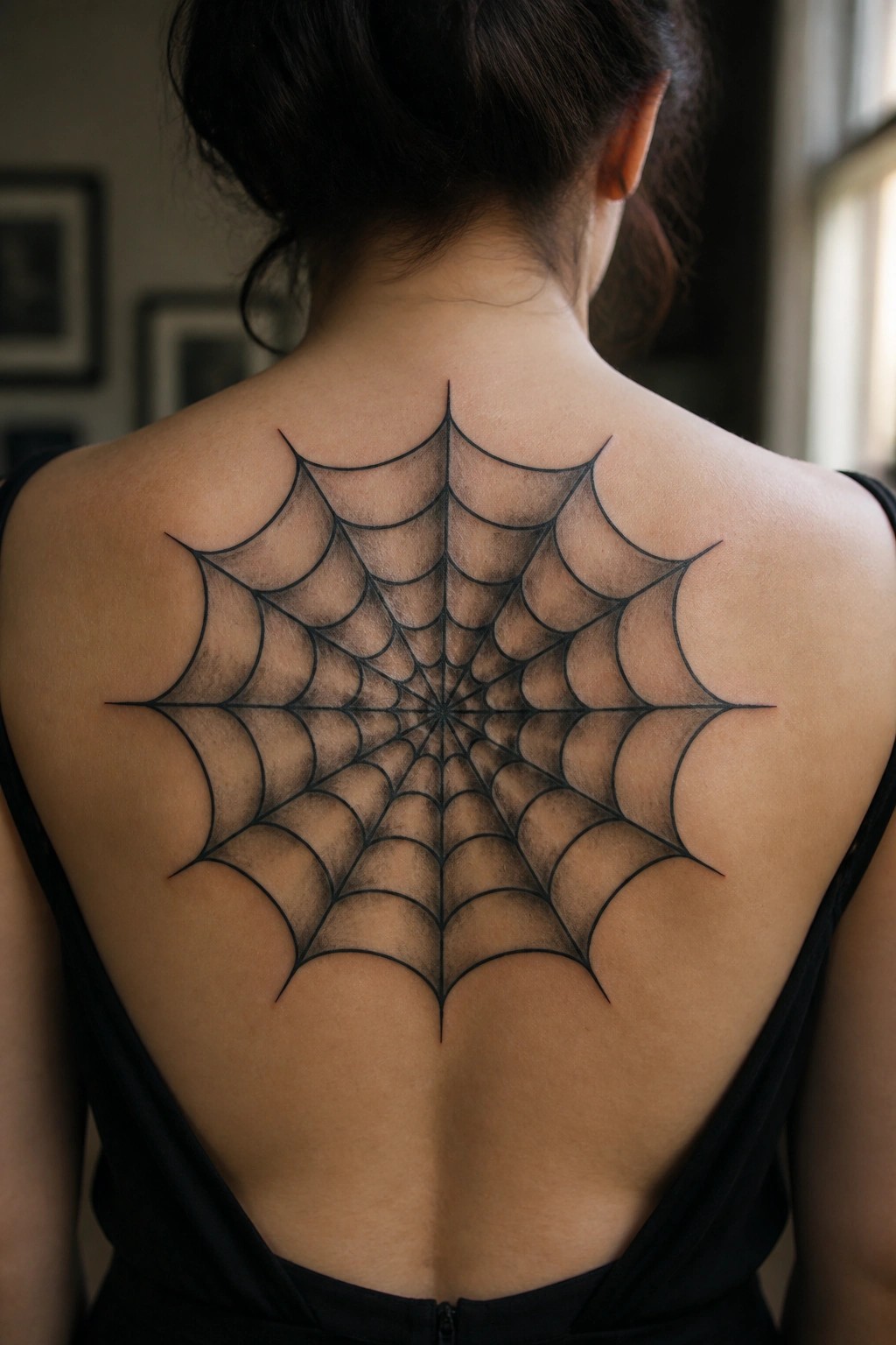 Traditional spider web tattoo centered on the upper back between the shoulder blades with bold black lines and shading.