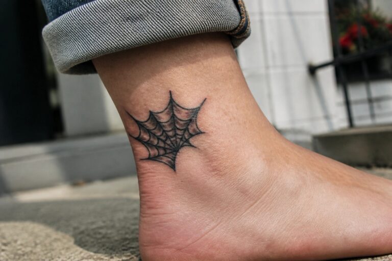 Traditional spider web tattoo on the ankle with bold lines and shaded strands