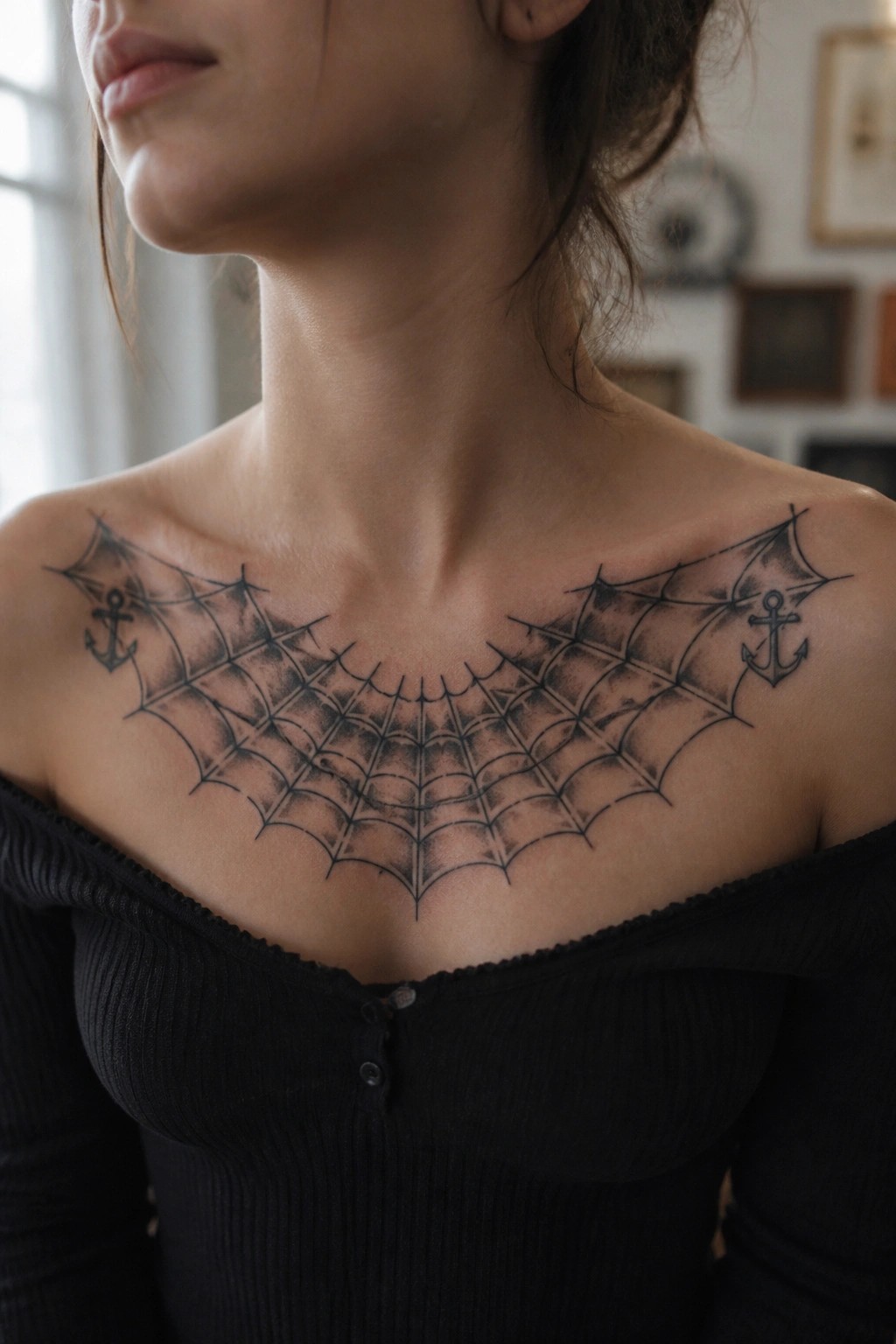 Spiderweb tattoo with anchors across chest above black off-shoulder top