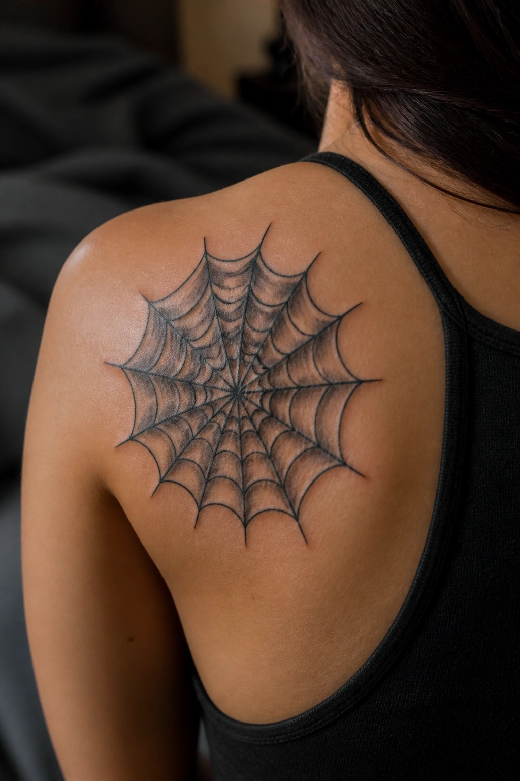 Black and grey traditional spider web tattoo placed on the upper back and shoulder of a person wearing a black tank top.