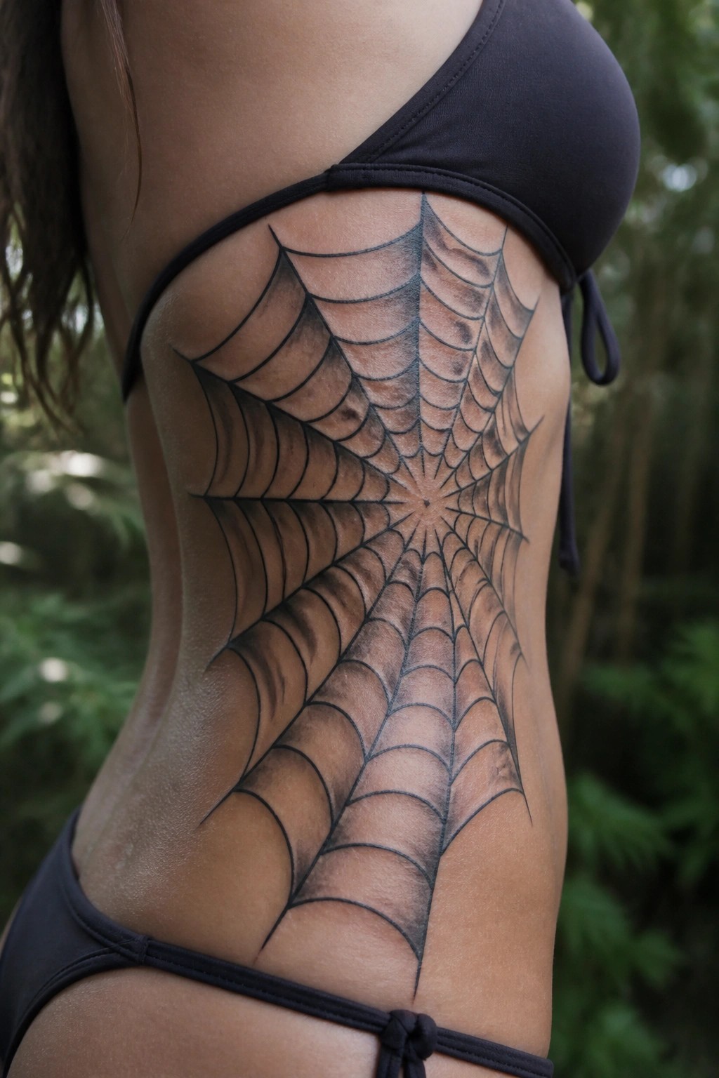 Large spiderweb tattoo on woman's side over black bikini outdoors