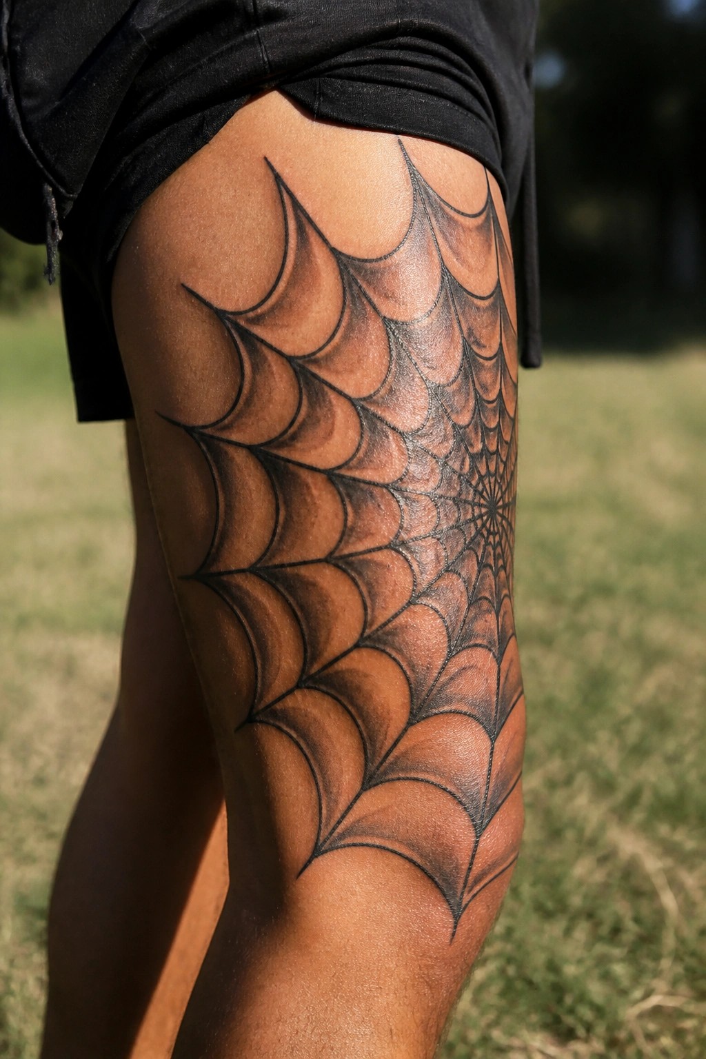 Large traditional spider web tattoo on the upper thigh with bold black lines and shaded curves.