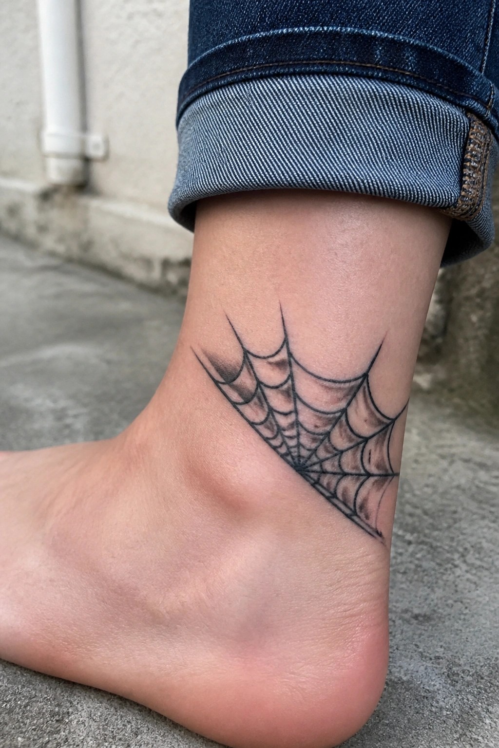 Traditional spider web tattoo on the ankle with bold lines and shaded strands