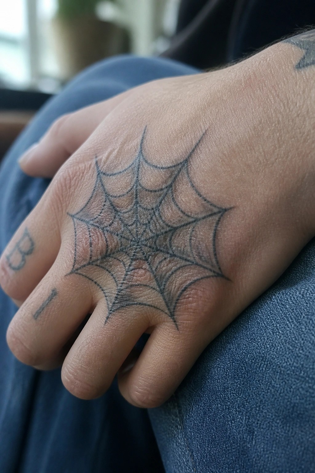 Traditional spider web tattoo on the back of a hand with bold black lines